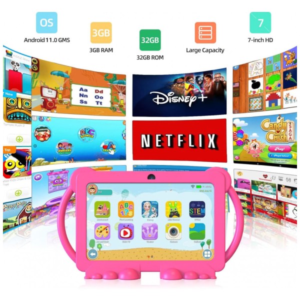 Encontraproduto.com.br - Tablet Infantil 7 Educativo com Controle de Pais, WiFi e Câmera Dupla, Android 11 3GB RAM, YOBANSE, Rosa