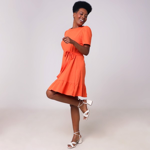 Vestido Manga Curta Laranja Viva Casual