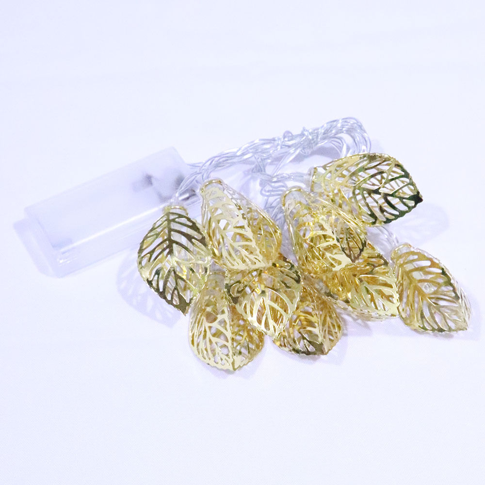 Encontraproduto.com.br - Cordão Fio LED com 10 Folhas Metal Dourado - A Pilha