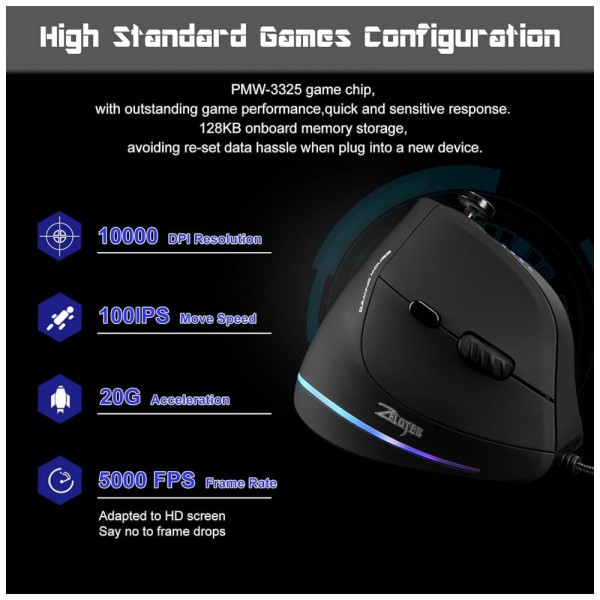 Encontraproduto.com.br - Mouse para Jogos Ergonômico Vertical Óptico com Fio Reduz a Tensão do Pulso, 1500, 10000 DPI, 11 Botões, TRELC ff maus, Preto