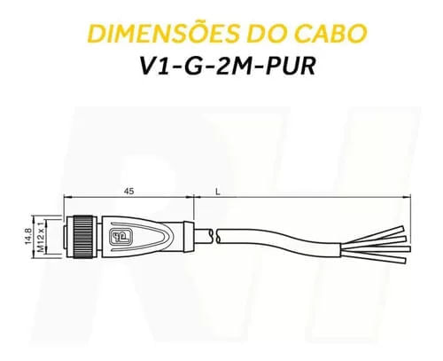 Encontraproduto.com.br - Conector Femea M12 4 Vias Cabo 2M V1-G-2M-PUR PEPPERL FUCHS