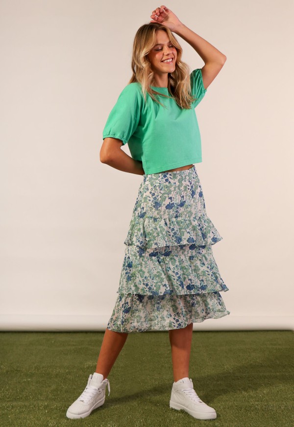 Encontraproduto.com.br - Saia Midi Verde Chiffon Estampada