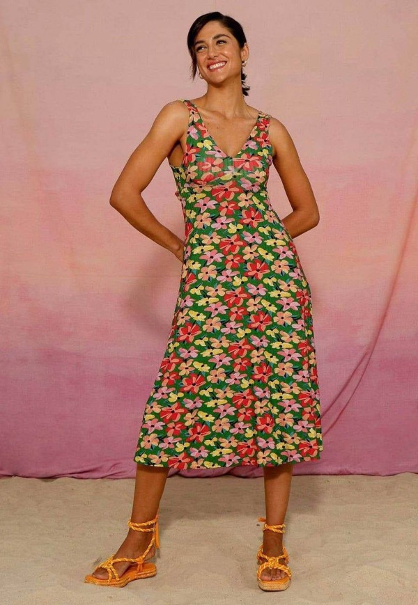 Vestido Midi Canelado Verde Floral