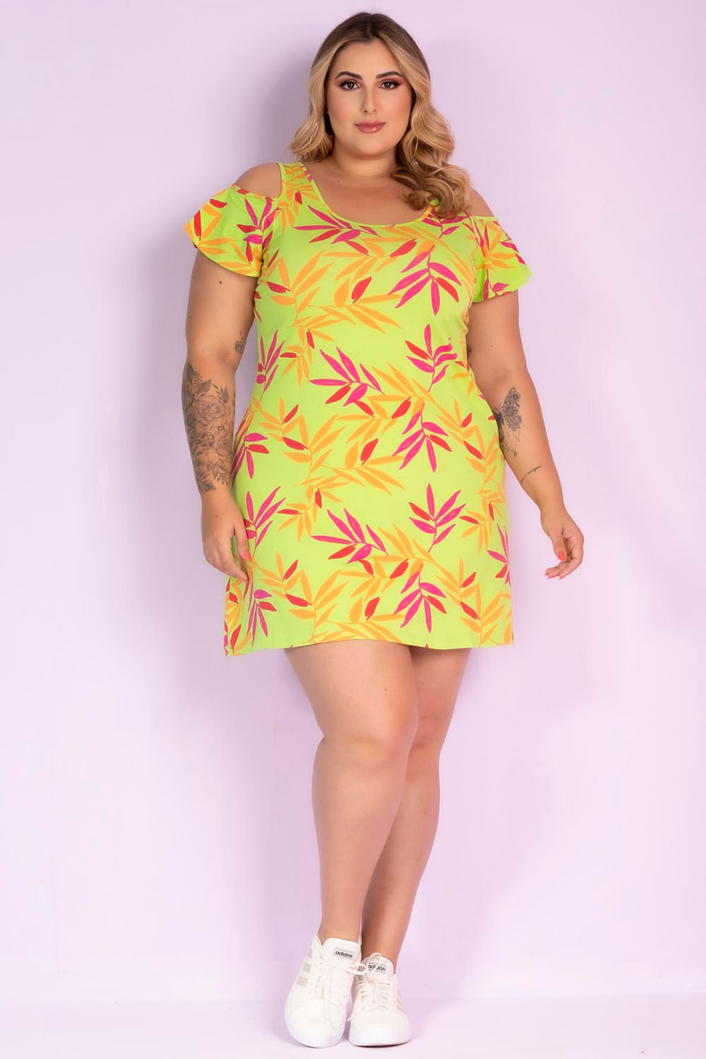 Encontraproduto.com.br - Vestido Manga Borboleta Folhagem Verde Plus Size