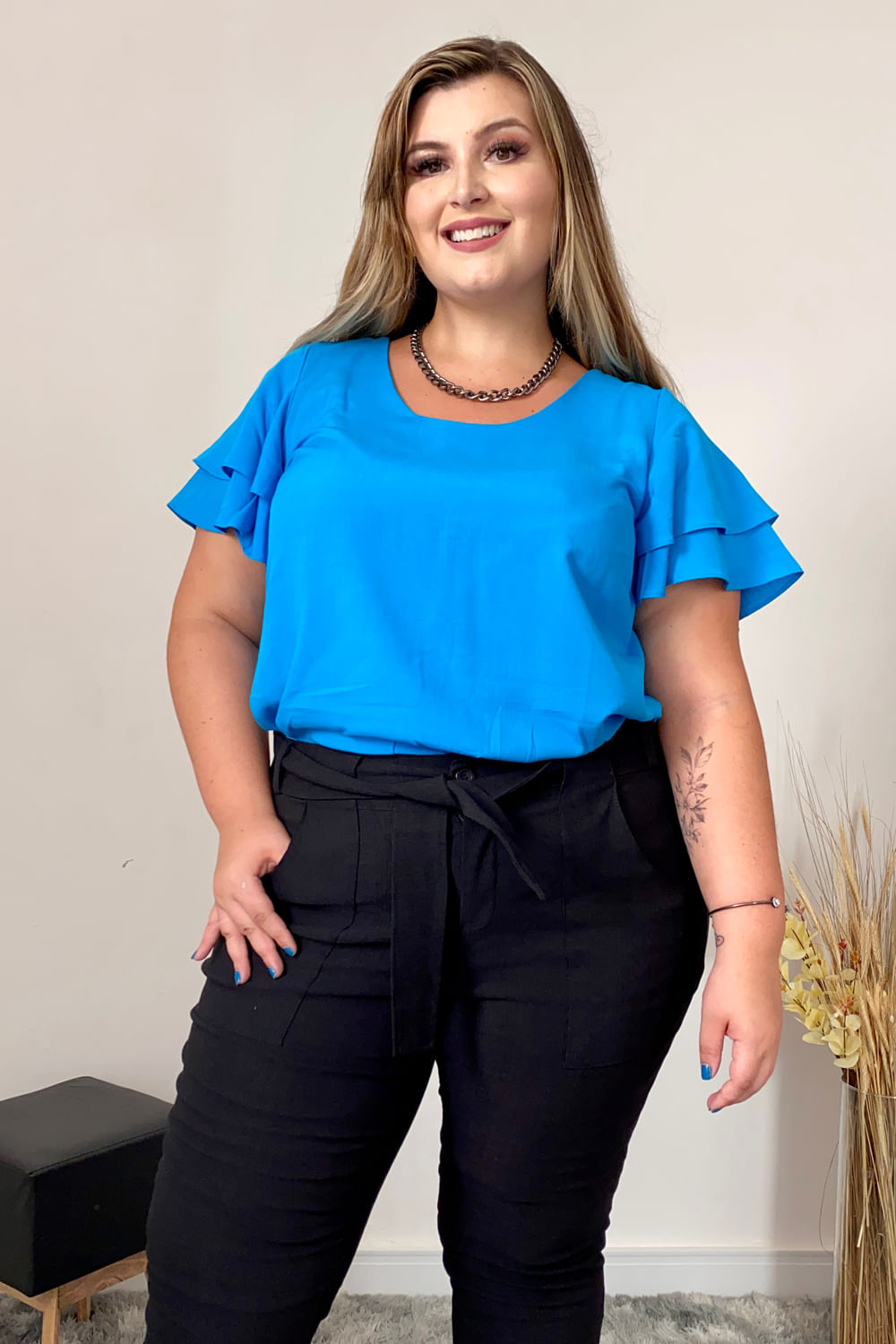Blusa Viscose Ana Azul Topázio Plus Size