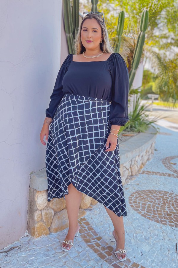 Encontraproduto.com.br - Saia Midi Lorena Xadrez Black Plus Size