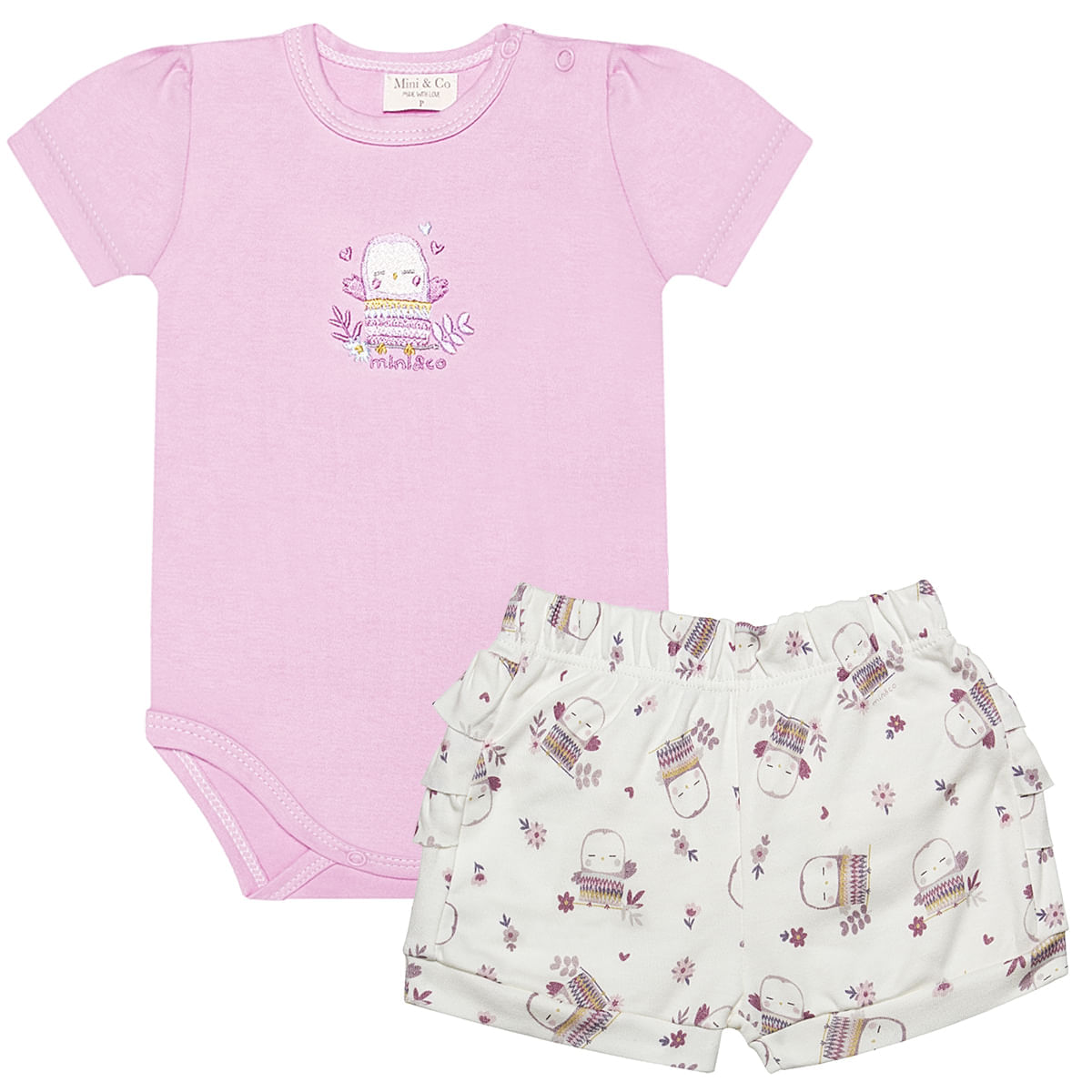 Body curto c/ Short babadinhos para bebê em algodão egípcio Corujinhas - Mini & Co.