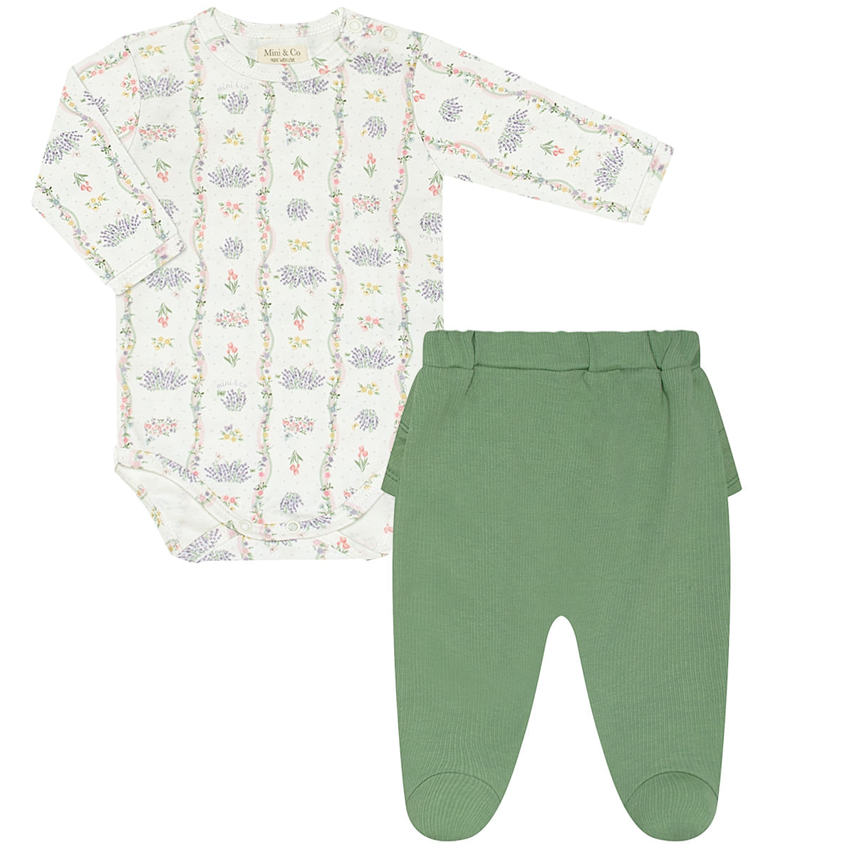Body longo c/ Calça (Mijão) para bebê em algodão egípcio Coelha Camponesa Verde - Mini & Co.