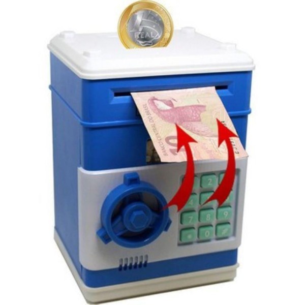 Encontraproduto.com.br - Mini Cofre Eletrônico Digital Senha 4 Dígitos Notas e Moedas Azul Lorben