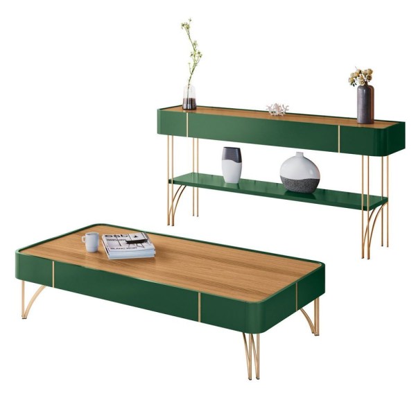 Encontraproduto.com.br - Kit Mesa De Centro Retangular Cadente E Aparador Para Sala De Estar Vivianne Verde Pistache-freijó