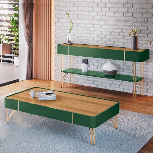 Encontraproduto.com.br - Kit Mesa De Centro Retangular Cadente E Aparador Para Sala De Estar Vivianne Verde Pistache-freijó