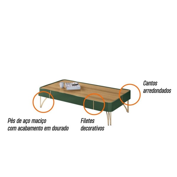 Encontraproduto.com.br - Kit Mesa De Centro Retangular Cadente E Aparador Para Sala De Estar Vivianne Verde Pistache-freijó