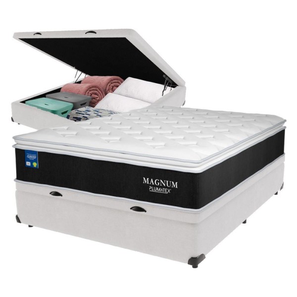 Encontraproduto.com.br - Cama Box Casal Baú Branco Colchão Magnum Plumatex Pillowtop