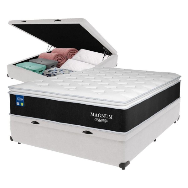 Encontraproduto.com.br - Cama Box Casal Baú Branco Colchão Magnum Plumatex Pillowtop
