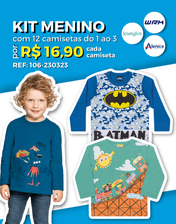 Kit 12 Camisetas Manga Longa Meia Estação Atacado Revenda Infantil Menino Kamylus, WRK e Alenice 1/3 - 106-230323