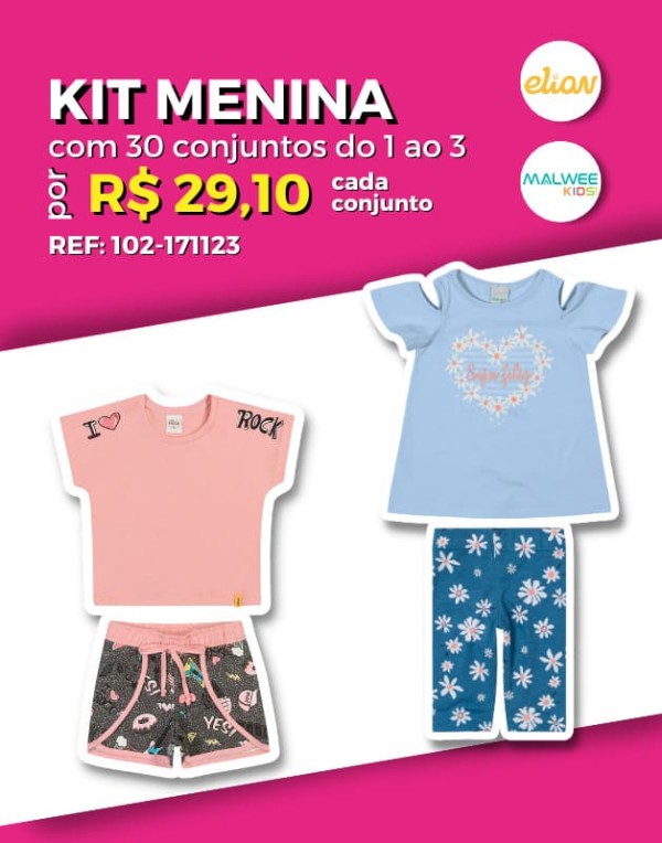 Kit 30 Conjuntos Blusa/Regata Short Moletinho/Cotton Menina Infantil Verão 1/3- Malwee Kids/Elian - 102-171123
