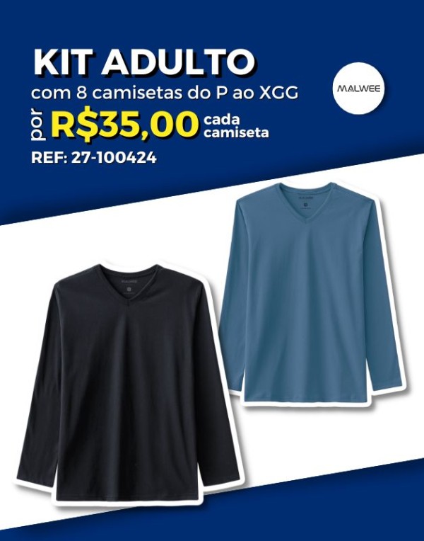 Kit 8 Camiseta Básica Manga Longa Gola V Tecido Meia Malha Adulto Masculina Inverno P/XGG - Malwee - 27-100424