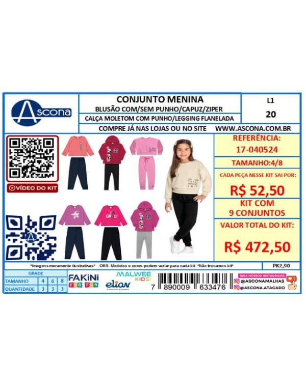 Encontraproduto.com.br - Kit 9 Conjunto Blusão com/sem Punho/capuz/Ziper Atacado Revenda Infantil Menina Inverno fakini/Malwee kids/Elian 4/8 - 17-040524