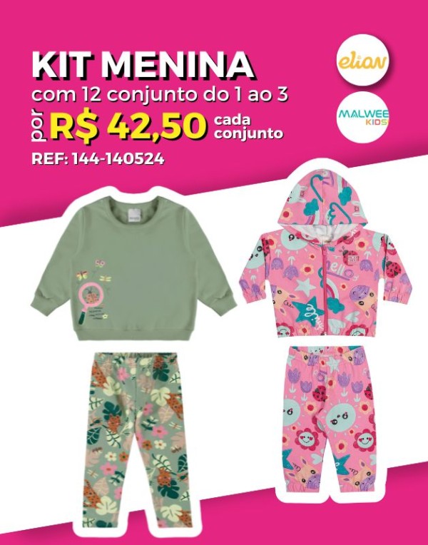 Encontraproduto.com.br - Kit 12 Conjunto Blusão Com/Sem capuz/Ziper/Punho Atacado Revenda Infantil Menina Inverno Elian/Malwee kids 1/3 - 144-140524