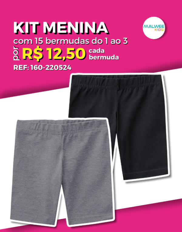 Kit 15 Bermuda Ciclista Tecido Cotton Atacado Revenda Infantil Menina Verão Malwee kids 1/3 - 160-220524