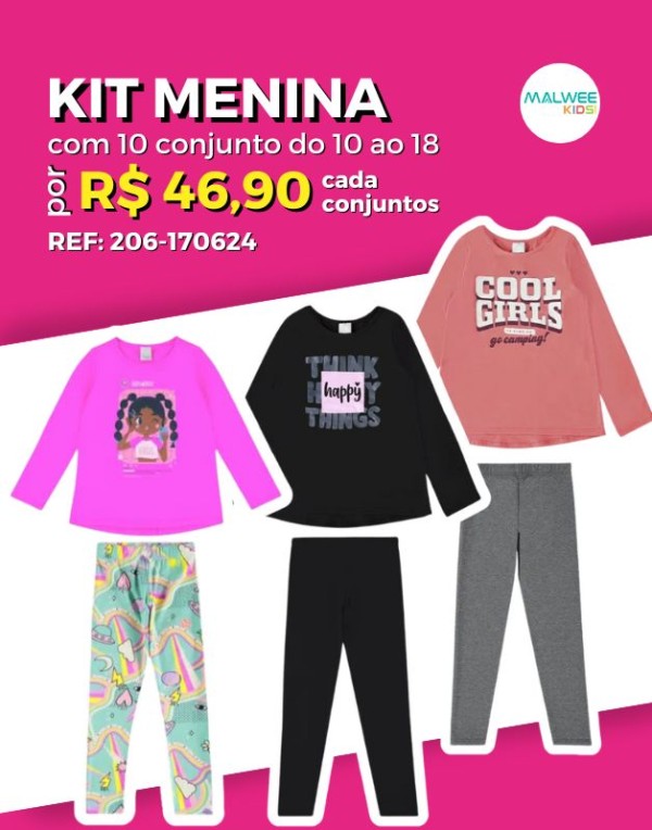 Kit 10 Conjuntos Blusa Manga Longa/Legging Cotton Sem Flanela Atacado Revenda  Juvenil Menina Meia Estação Malwee Kids 10/18 - 206-170624
