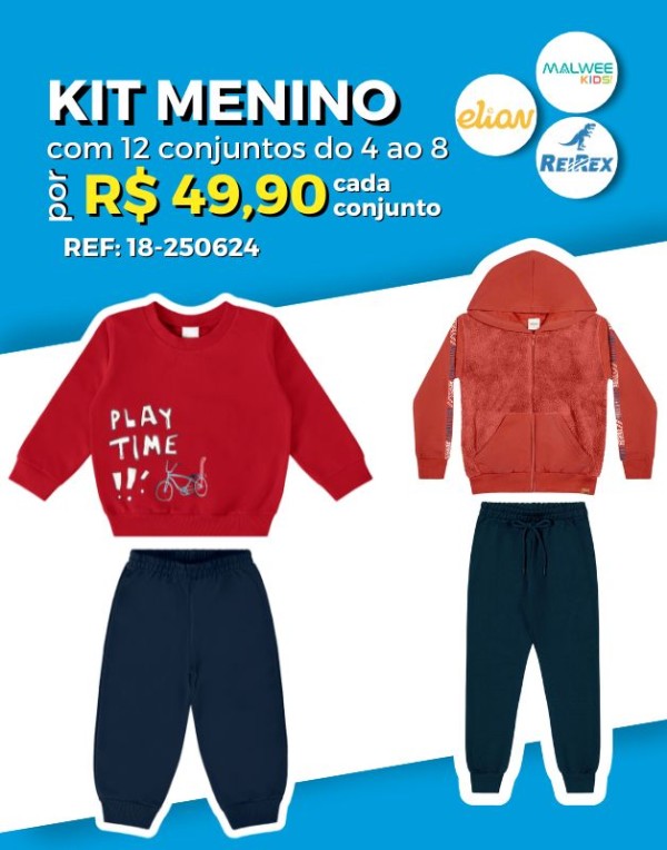 Kit 12 Conjuntos Blusão e Calça Moletom Com Punho Atacado Revenda Infantil Menino Inverno Elian/Malwee Kids/ Rei Rex 4/8 -18-250624