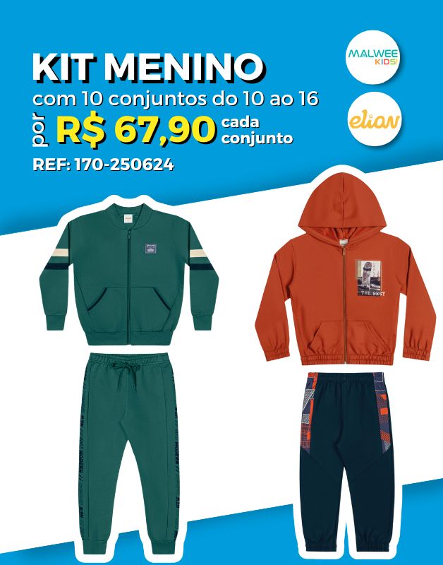 Kit 10 Conjuntos Blusão Com/Sem Punho/Capuz/Ziper/Calça Moletom Com Punho Atacado Revenda Juvenil Menino Inverno Elian/Malwee Kids  10/16 -170-250624