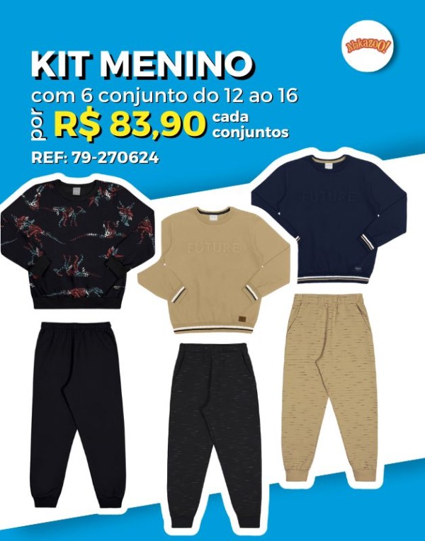 Encontraproduto.com.br - Kit 06 Conjuntos Blusão Com Punho/Calça Moletom com Punho Atacado Revenda Juvenil Menino Inverno Alakazoo 12/16 -79-270624