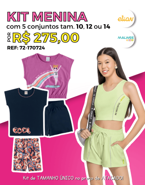 Kit 5 Conjuntos de Verão Atacado Juvenil Menina Tamanho Único 10, 12 ou 14 Malwee Kids e Elian - 72-170724