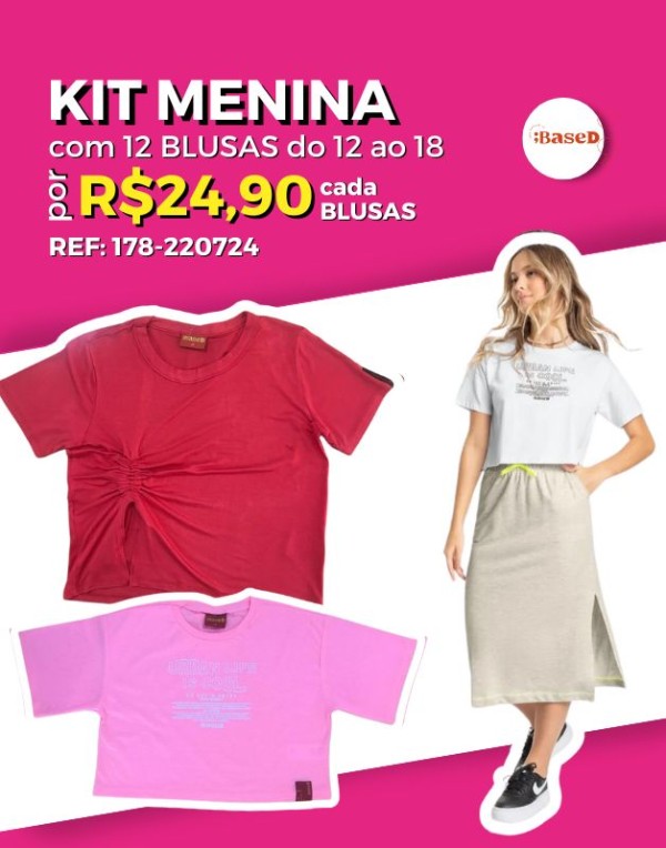 Kit 12 Blusas Manga Curta Atacado Revenda Juvenil Menina Verão Based 12/18 -178-220724