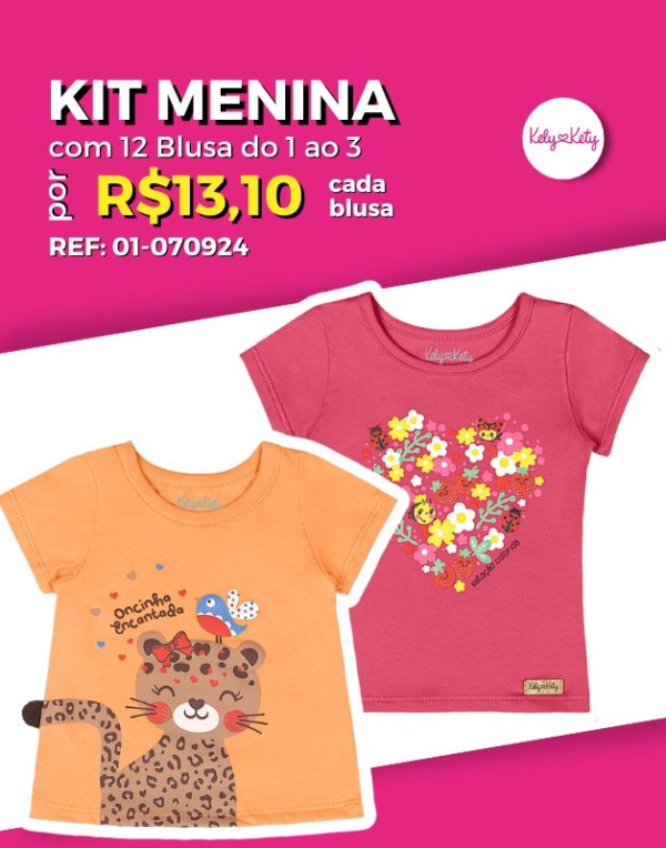 Kit 12 Blusa Manga Curta Atacado Revenda Bebê Menina Verão Kelykety p/g de Bebê - 01-070924