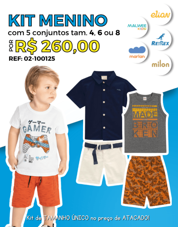 Kit 5 Conjuntos de Verão Atacado Infantil Menino Tamanho Único 4, 6 ou 8 Milon, Malwee Kids, Marlan, Reirex e Elian - 02-100125