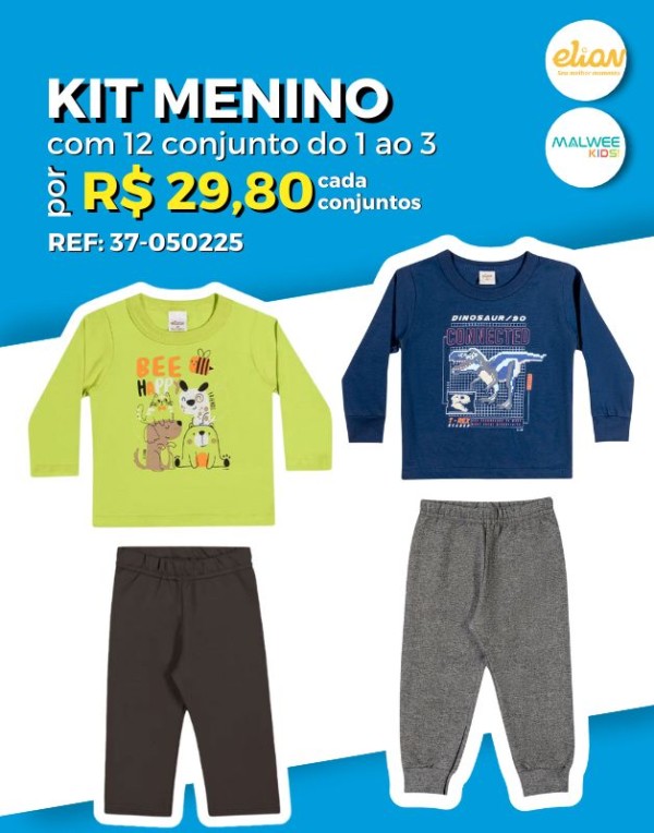 Encontraproduto.com.br - Kit 12 Conjunto Camiseta Manga longa e Calça Moletinho Com punho Atacado Revenda Infantil Menino Meia Estação Elian/Malwee kids 1/3 - 37-050225