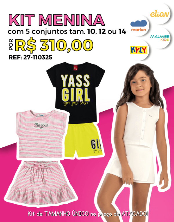 Kit 5 Conjuntos de Verão Atacado Juvenil Menina Tamanho Único 10, 12 ou 14 Kyly, Marlan, Malwee Kids e Elian - 27-110325