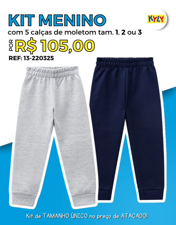 Encontraproduto.com.br - Kit 5 Calças de Moletom com Punho Inverno Atacado Infantil Menino Tamanho Único 1, 2 ou 3 Kyly - 13-220325