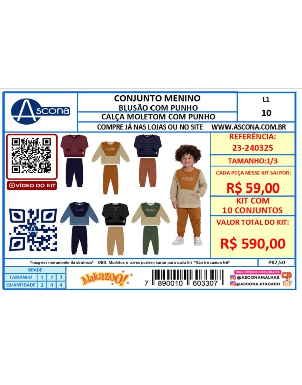 Kit 10 Conjuntos Blusão Com Punho/Calça Moletom Com Punho Atacado Revenda Infantil Menino Inverno Alakazoo 1/3 -23-240325