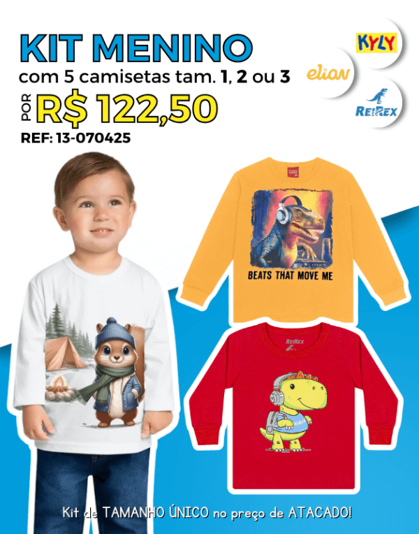 Kit 5 Camisetas Meia Estação Atacado Infantil Menino Tamanho Único 1, 2 ou 3 Rei Rex, Kyly e Elian - 13-070425