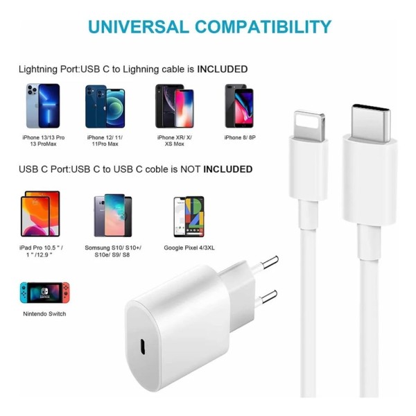 Encontraproduto.com.br - Cabo Carregador + Fonte Compatível Iphone Se X Xr 11 12 13pro Usb-c 20w
