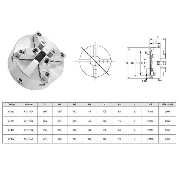 Encontraproduto.com.br - Placa Para Torno 4 Castanhas Reversíveis 315mm - F. Traseira