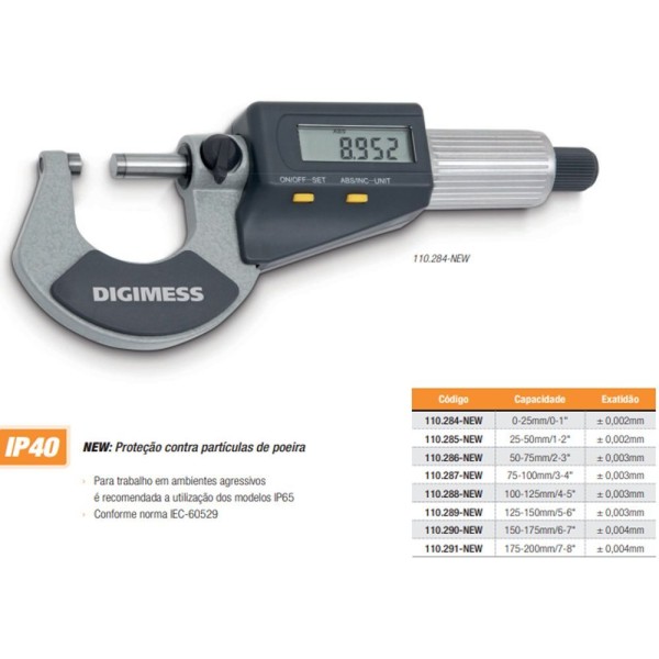 Encontraproduto.com.br - Micrômetro Externo Digital Nível De Proteção Ip40 Cap. 125-150 Mm Resolução De 0,001mm Ref. 110.289