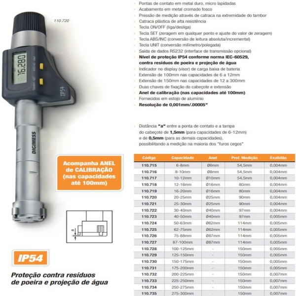 Encontraproduto.com.br - Micrômetros Internos Digital Com 3 Pontas De Contato Nivel De Proteção Cap. 12-16 Mm Ref. 110.718
