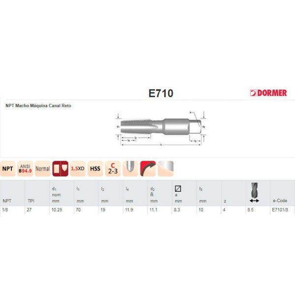 Encontraproduto.com.br - Macho Manual Aço Rápido - 1-8 X 27 Npt - Ansi E710 - Dormer