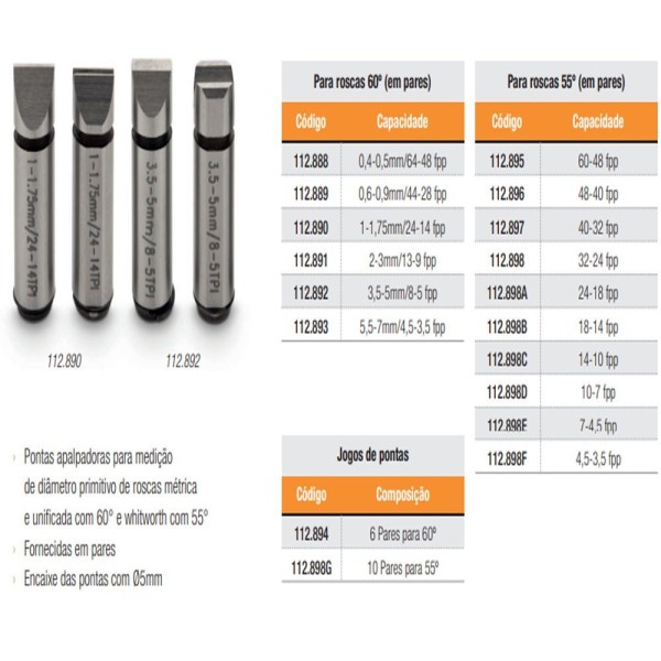 Encontraproduto.com.br - Pontas Medições Roscas Whitworth 55g Cap. 10-14fpp (em Pares) - Ref. 112.898c