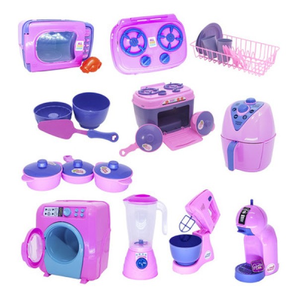 Encontraproduto.com.br - Kit Cozinha Infantil Rosa Cafeteira Panela Fogão Forma 28pç