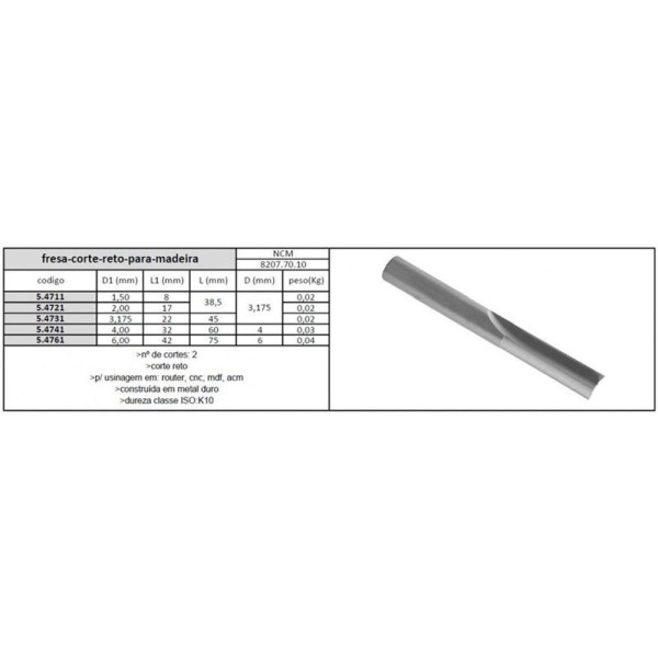 Encontraproduto.com.br - Fresa Metal Duro Para Router Cnc - Med. 3,17 X 22mm - Mdf, Acm - Corte Reto, 2 Cortes - Jg Tools