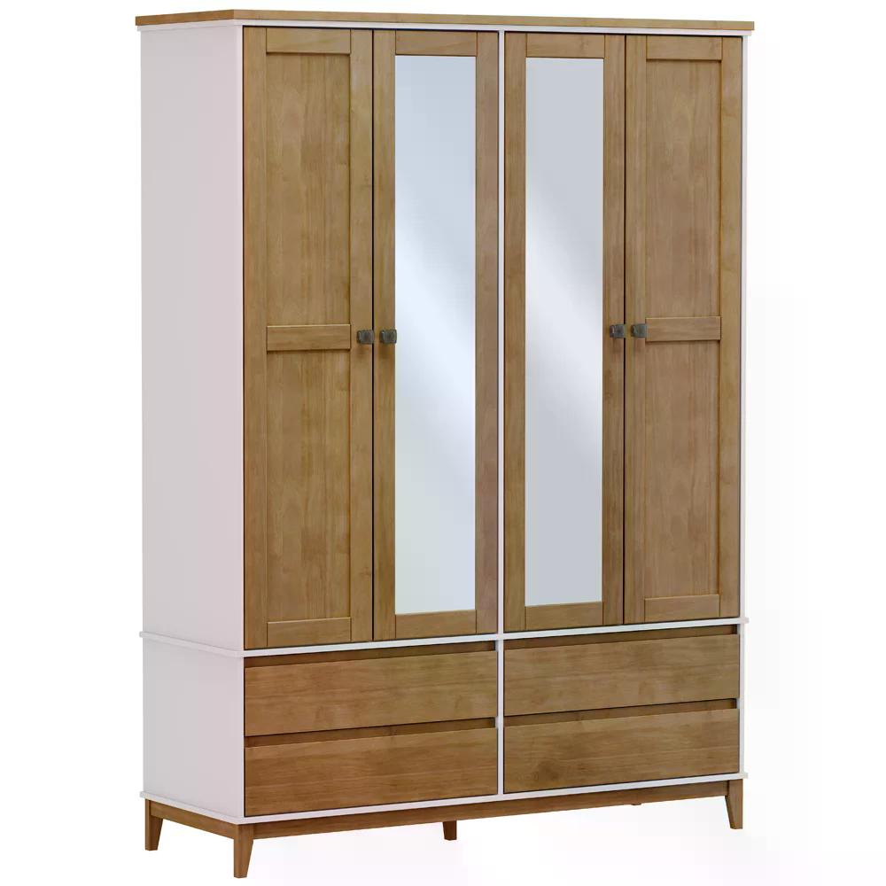 Guarda Roupa 4 Portas Bipartido Com Espelho MDF/Madeira Maciça 2803 Prata FNT