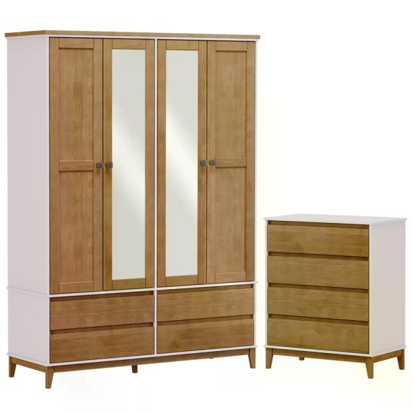 Encontraproduto.com.br - Guarda Roupa 4 Portas Com Espelho E Comoda MDF/Madeira Maciça Prata FNT