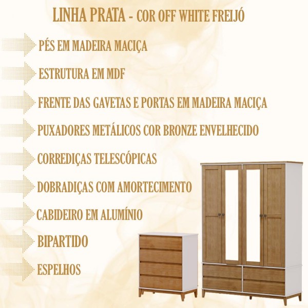 Encontraproduto.com.br - Guarda Roupa 4 Portas Com Espelho E Comoda MDF/Madeira Maciça Prata FNT