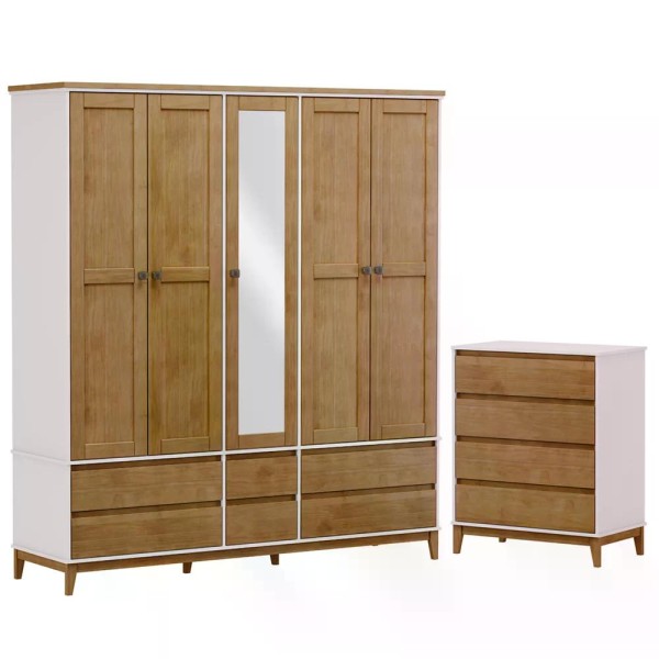 Encontraproduto.com.br - Guarda Roupa 5 Portas Com Espelho E Comoda MDF/Madeira Maciça Prata FNT