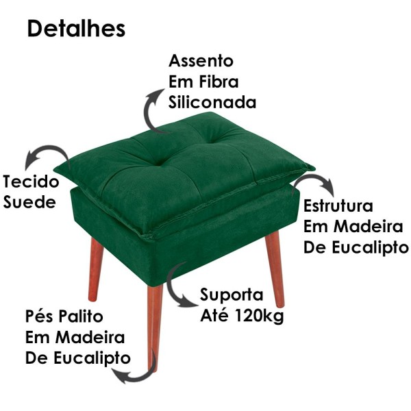 Encontraproduto.com.br - Kit 2 Puff Puf Opall Pes Palito 55x40cm Suede Vermelho Escuro MPassos
